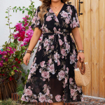 Suvine naiste V-kaelusega l&uuml;hikeste varrukatega lillemustriga kleit k&otilde;rge v&ouml;&ouml;kohaga, &otilde;huke, mugav ja hingav pikk kleit, moodne vabaaja suures suuruses rannakleit XL must