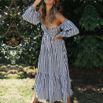 Naiste suvine mustvalge ruuduline pikk kleit Seksikas puhvis varrukas &Uuml;hejooneline krae klambriteta k&otilde;rge v&ouml;&ouml;koht S-XL S must