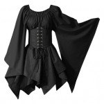 Naiste pikkade varrukatega kleit Keskaegne vintage haldjap&auml;kapiku kost&uuml;&uuml;m Kellukese varrukatega Retro v&ouml;&ouml;kohaga kokkut&otilde;mbuv lapiline kleit Halloweeni cosplay jaoks L must