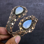 Milky Opal Gemstone Handmade Copper Wire Wrap Cuff Bangle Adjustable g1r82