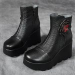 K&auml;sitsi valmistatud ehtsast nahast naiste saapad &uuml;mmarguse ninaga lill Paksu tallaga kiilud L&uuml;hikesed saapad Pehme tallaga k&otilde;rge kontsaga saapad 2024 220 must