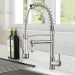 Harjatud nikliga k&ouml;&ouml;gisegisti topeltpihusti anum Vedruvalamu segisti kraan hall