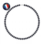 PERLINEA - Collier Perle de Culture d'Eau Douce AAA+ Semi-Ronde 7-8 mm Noire - Mousqueton - Argent 925 Milli&egrave;mes - Bijoux Femme
