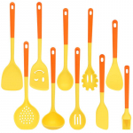 10-osaline silikoonist k&ouml;&ouml;gitarvikute komplekt mittekleepuvate pannide, silikoonlabida, supikulp, piluduga lusikaga ja muude k&uuml;psetust&ouml;&ouml;riistadega k&ouml;&ouml;ki Yellow 10-piece color box