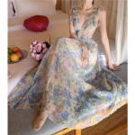 Prantsuse stiilis suvine seksikas seljaosaga lilleline kleit paelaga, rannapuhkuse kleit M