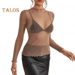 Naiste topid, pitsist valmistatud, poolk&otilde;rge kaelusega pikkade varrukatega T-s&auml;rk &uuml;hev&auml;rvilised l&auml;bipaistvad v&otilde;rkl&otilde;ngast &uuml;laosad XXL parkkoor