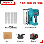 ONEVAN harjadeta elektriline 2-&uuml;hes naelutus- ja klammerdusp&uuml;stol F15-50 K410-438 juhtmeta naelp&uuml;stol 4 naelarežiimiga 21V 18V akule 1xBattery-EU PLug
