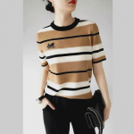 Women's 2025 Summer Striped Horse & Carriage Knit T-Shirt - Light Luxury, Slim Fit, Short-Sleeve, Round Neck One Size