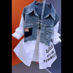 Kevadine ja suvine teksavest patchwork s&auml;rk, naiste mood kaheosaline triibuline pikkade varrukatega jakk-top XXXXL