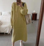 S&uuml;gis- ja talvine naiste kampsun Kleit Keskmise pikkusega kapuutsiga kootud kleidid Mood vabaaja dressipluusi taskud Prantsuse plusssuuruses kampsunkleidid One Size kollane