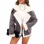 Naiste vabaaja rev&auml;&auml;riga paks &scaron;erpavoodriga faux seemisnahast jakk talveks, udune fliisist kraavimantel taskutega L