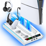 PS5 / PS5 Slim / PS5 Pro alus ketas- ja digikonsoolile PS5 jahutus- ja laadimisjaam 3-tasemelise ventilaatoriga PS5 kontrolleri laadija valge