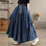 Suur Suurus Kevad Suvi Naiste Lai Jalgtega Teksap&uuml;ksid K&otilde;rge V&ouml;&ouml;koht Pingutusn&ouml;&ouml;riga &Uuml;le Size Kotakad Denim Culottes P&uuml;ksid Patchwork Stiilsed Naiste P&uuml;ksid L sinine