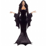 Kost&uuml;&uuml;m Morticia Addams Pika sleppiga kleit Halloweeni &otilde;udus Tume riietus gooti stiilis hommikumantel nahkhiire varrukas &otilde;udus t&auml;iskasvanutele XS must