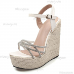 15CM Kiilud Kontsad Platvormid Sandaalid Paks Tald Avatud Varvas Kristallrihmad Naiste Moodsadsandaalid Zapatos De Mujer Suurus 34-42 34 valge