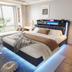 Polsterdatud voodi 160*200 LED-valgustuse ja USB-pesaga, Peatsiin hoiuruumiga, Ujuvvoodi Noortevoodi T&auml;iskasvanute voodi, Linane kangas, Hall 222.5 x 165.5 x 111 cm hall