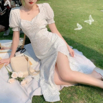 Midi-tr&uuml;kiga kleit naistele Elegantne A-kujuline korea vintage l&uuml;hikeste varrukatega suvine 2021. aasta kleidid, pidulik, kandiline krae Boho Vestidos S