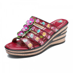 Johnature ehtsast nahast k&auml;sitsi maalitud naiste kiilud sussid Retro lilled &otilde;ues slaidid platvormkingad 36 punane