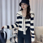 Merev&auml;rvi kaelusega kardigan naiste disainiga sviiter 2023. aasta s&uuml;gise uus pikkade varrukatega &otilde;huke ja mitmek&uuml;lgne merestiilis naiste kampsun One Size must