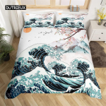 Jaapani kraanade voodipesukomplekt Sea Wave voodipesu komplekt Full King mikrofiibrist Ukiyoe etniline Fuji Mountain Cherry Blossoms tekikott EU single(135x200cm)