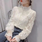 Moodne Ruffle Vintage pluus Naiste Elegantne pikkade varrukatega pitss&auml;rk Lahtine &scaron;ifoonist s&auml;rgid Stand krae plisseeritud topsid pluusid M beež