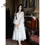 Kevadine uus prantsuse stiilis elegantne &otilde;rn retro V-kaelusega pingul v&ouml;&ouml;koht &otilde;huke tikitud pitsiga v&ouml;&ouml;ri stiilis pikkade varrukatega kleit S valge