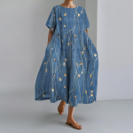 Naiste retro-botaaniline lilledega tr&uuml;kitud vaba vabaaja kleit, puuvillane linane vabaaja kleit l&uuml;hikeste varrukatega rannakleit L sinine