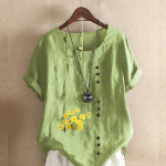 Naiste mood, kr&uuml;santeemiga tr&uuml;kitud &uuml;mara kaelusega l&uuml;hikeste varrukatega T-s&auml;rk vabaaja puuvillane linane graafiline s&auml;rk vaba aja suvise pluusiga S roosa