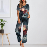 Naiste j&auml;&auml;siidist satiinist j&otilde;uluprintidega pidžaamakomplekt l&uuml;hikeste varrukatega s&auml;rgi ja pikkade pidžaamap&uuml;kste komplekt Pehmed koduriided L roheline