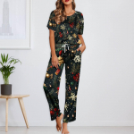 Naiste j&auml;&auml;siidist satiinist j&otilde;uluprintidega pidžaamakomplekt l&uuml;hikeste varrukatega s&auml;rgi ja pikkade pidžaamap&uuml;kste komplekt Pehmed koduriided M kuld