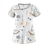 Naiste vabaaja lillemustriga l&uuml;hikeste varrukatega, kaldus kraega t&ouml;&ouml;riiete topp kahekordsete taskutega M valge