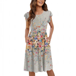 Naiste &uuml;mara kaelusega suvised k&auml;rbsevarrukad vabaaja tr&uuml;kitud vabade n&ouml;&ouml;pidega taskutega midikleidid XXXL khaki