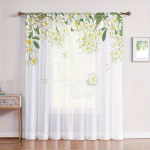 Kollane ja valge lillemustriga kardin - Tunneliga disain lihtsaks paigaldamiseks - Ideaalne v&auml;rvilaigu lisamiseks W65X60H(cm)X2Pcs&Hook