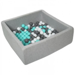 Piscine &agrave; balles carr&eacute;e 90x90 cm avec 150 balles blanches, grises & turquoises