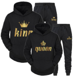 2 tk/komplekti Meeste KING QUEEN Paaritr&uuml;kiga Kapuutsiga Dressipluus P&uuml;ksid Komplektid Mehed Naised Komplektid S black