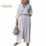 Naiste kleit Kolmveerandvarrukatega V-kaelusega &Uuml;hev&auml;rviline L&otilde;hikuga &auml;&auml;rega Vaba Maksikleit Liibuva v&ouml;&ouml;kohaga Vabaaja Tutvumiskleit Suvine Rannapeo Riietus L valge