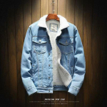 Meeste Korea stiilis talvine retro teksajakk paksu lambanahast voodriga XL must