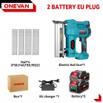 ONEVAN harjadeta elektriline 2-&uuml;hes naelutus- ja klammerdusp&uuml;stol F15-50 K410-438 juhtmeta naelp&uuml;stol 4 naelarežiimiga 21V 18V akule 2xBattery-EU PLug