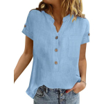 Suvine tavaline retrotaskuline puuvillane linane s&auml;rk naiste vabaaja V-kaelusega l&uuml;hikeste varrukatega &uuml;hev&auml;rviline pluus 2XL