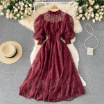Vintage Naiste Pitsi Kleit Kevad S&uuml;gis Puhvis Varrukas K&otilde;rge V&ouml;&ouml;koht Peokleit Naiselik Elegantne Roheline Lilla Midi Kleidid One Size