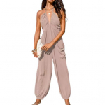 Naiste halter maxi jumpsuit plisseeritud s&uuml;gava V-kaelusega &uuml;hes t&uuml;kis jogger pikkade p&uuml;kstega taskutega vabaaja ranna varrukateta romperid S khaki