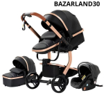 BAZARLAND30 Poussette 3 en 1 B&eacute;b&eacute; Combin&eacute;e Si&egrave;ge-Auto Nacelle Trio R&eacute;versible cuir pu Roues increvables Canne noir must