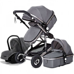 Poussette B&eacute;b&eacute; Combin&eacute;e Trio Pack 3 en 1 Gris Chassis Haut a Absorption de Chocs Pliable Siege Auto R&eacute;versible Roues Increvables