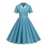 Naiste &otilde;htukleit retro pool &uuml;he n&ouml;&ouml;biga A-l&otilde;ikeline suur seelik &uuml;mberp&ouml;&ouml;ratav krae V-kaelus ruuduline tr&uuml;kk k&otilde;rge v&ouml;&ouml;kohaga v&ouml;&ouml;ga liibuv v&ouml;&ouml;koht daami ballikleit midi kleit 2XL roheline/sinine