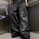 Gooti Retro L&otilde;dvad Unisex Mopip&uuml;ksid Y2K Fantom teksap&uuml;ksid High Street &Auml;mblikuga Tikitud Plaaster Hip Hop Streetwear Sirged teksap&uuml;ksid XS gray