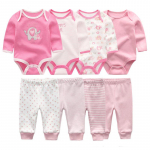 8 tk. vasts&uuml;ndinud beebipoiste t&uuml;drukute r&otilde;ivakomplekt puuvillased multifilmitr&uuml;kised pikkade varrukatega bodi ja p&uuml;ksid, imikute riidekomplektid 0-3Months