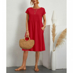 Suvemoodne vabaajakleit naistele Puuvillane linane kleidid 2023 O kaelusega Elegantne Lihtne l&uuml;hikeste varrukatega kleit kontorinaise r&uuml;&uuml; 24643 M punane