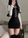 Korea stiilis kooli&otilde;pilaskleit Preppy stiilis v&otilde;ltsitud kahe polo kraega Bodycon must &otilde;huke mini l&uuml;hike kleidid s&uuml;gis S must