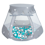 Selonise m&auml;ngutelk 105x90cm/300 palli lossimaja pop-up ballpit plastikpallid lastele, hall:hall-valge-t&uuml;rkiissinine 105x90cm/300 balls