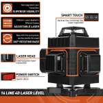 16 rida 4D rohelised lasertasandid 360 horisontaalset ja vertikaalset ristjoont koos automaatse isetasandumisega &uuml;liv&otilde;imas